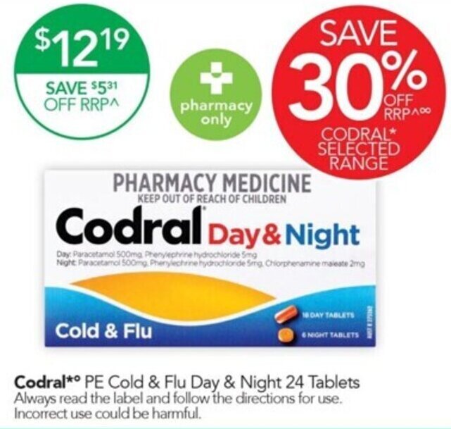 Codral** PE Cold & Flu Day & Night 24 Tablets offer at Terry White
