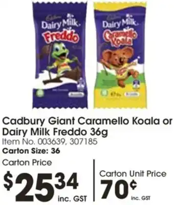 Campbells Wholesale Cadbury Giant Caramello Koala or Dairy Milk Freddo 36g Item No. 003639, 307185 Carton Size: 36 Carton Price offer