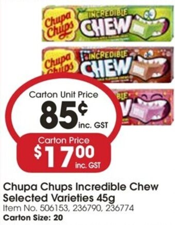 Campbells Wholesale Chupa Chups Incredible Chew Selected Varieties 45g offer