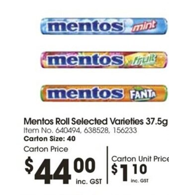 Campbells Wholesale Mentos Roll Selected Varieties 37.5g offer