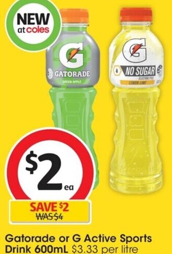 Coles Gatorade or G Active Sports Drink 600mL offer