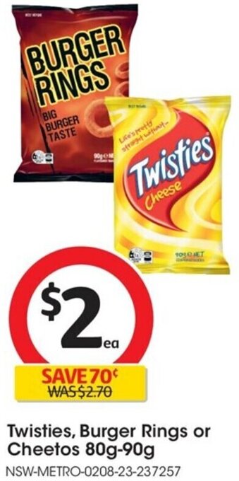 Coles Twisties, Burger Rings or Cheetos 80g-90g offer