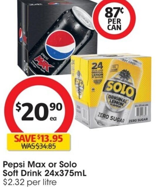 Pepsi Max or Solo Soft Drink 24x375mL offer at Coles