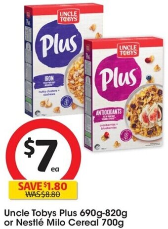 Coles Uncle Tobys Plus 690g-820g or Nestlé Milo Cereal 700g offer