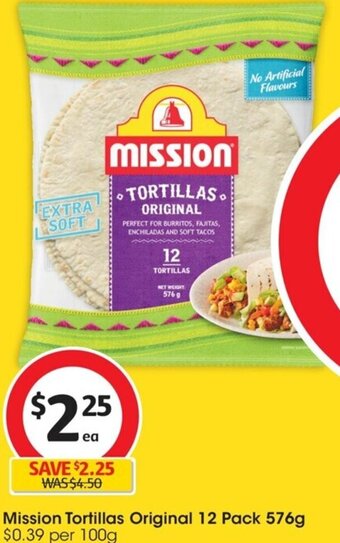 Coles Mission Tortillas Original 12 Pack 576g offer