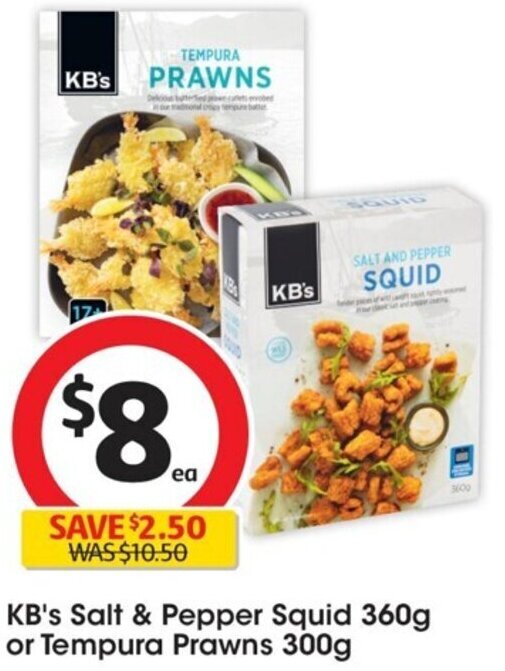 KB's Salt & Pepper Squid 360g or Tempura Prawns 300g offer at Coles