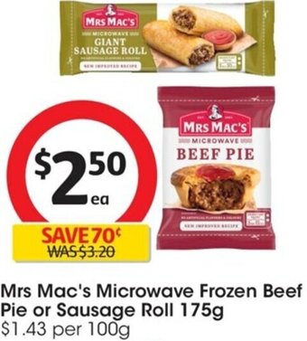 Coles Mrs Mac's Microwave Frozen Beef Pie or Sausage Roll 175g offer