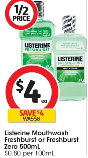 Coles Listerine Mouthwash Freshburst or Freshburst Zero 500mL offer