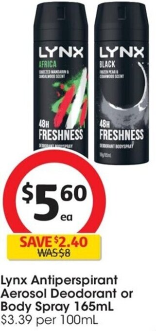 Coles Lynx Antiperspirant Aerosol Deodorant or Body Spray 165mL offer