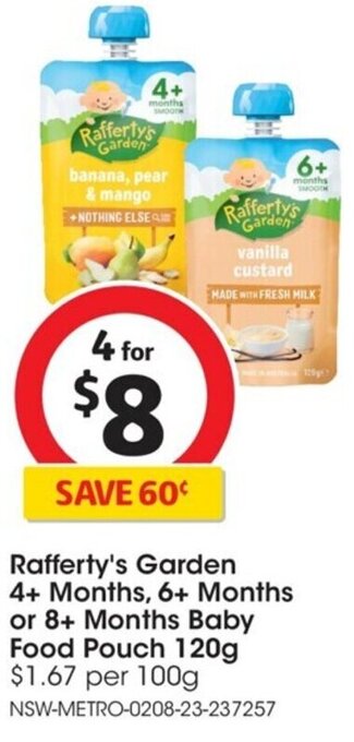 Coles Rafferty's Garden 4+ Months, 6+ Months or 8+ Months Baby Food Pouch 120g offer