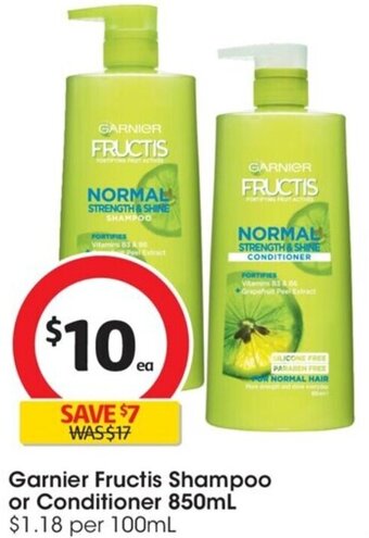 Coles Garnier Fructis Shampoo or Conditioner 850mL offer