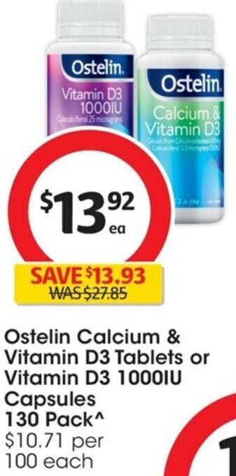 Coles Ostelin Calcium & Vitamin D3 Tablets or Vitamin D3 1000IU Capsules 130 Pack offer