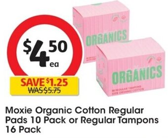 Coles Moxie Organic Cotton Regular Pads 10 Pack or Regular Tampons 16 Pack offer