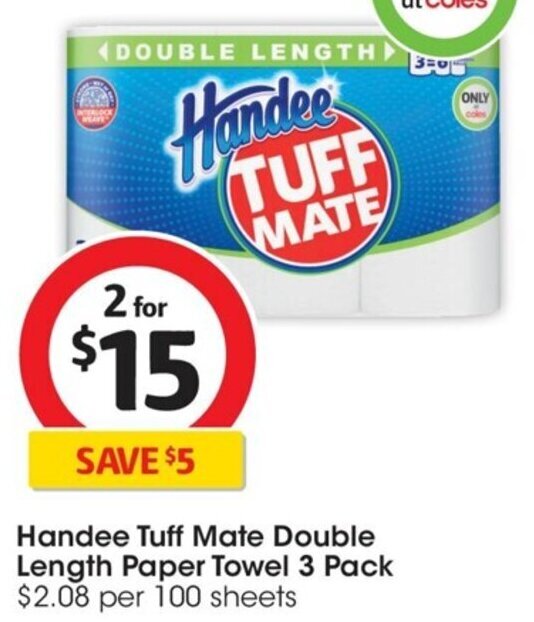 Handee Tuff Mate Double Length Paper Towel 3 Pack offer at Coles