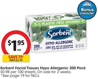 Coles Sorbent Facial Tissues Hypo Allergenic 200 Pack offer
