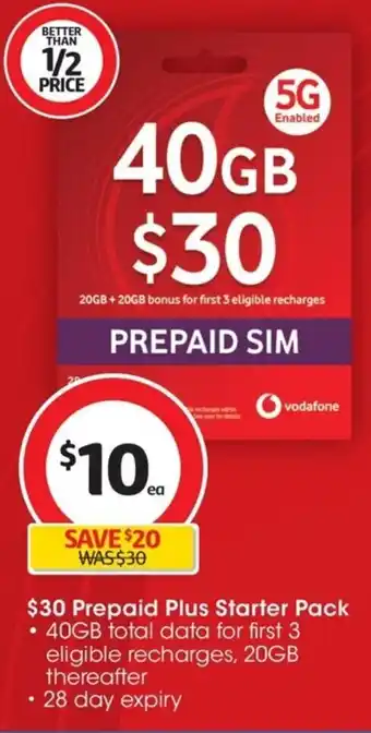 Coles $30 Prepaid Plus Starter Pack 40GB total data for first 3 eligible recharges, 20GB thereafter offer