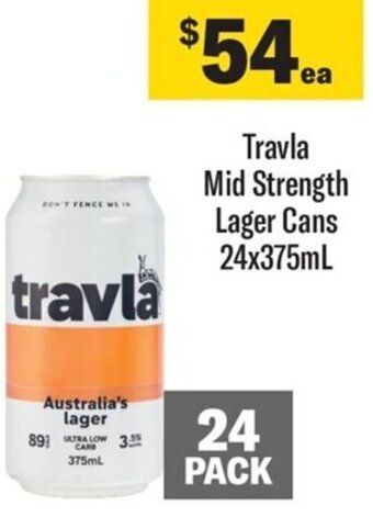 Coles Travla Mid Strength Lager Cans 24x375mL offer