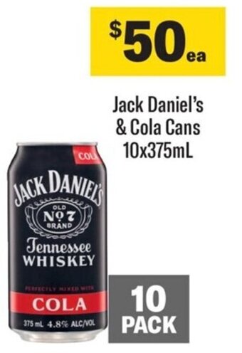 Coles Jack Daniel's & Cola Cans 10x375mL offer