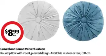 Coles Casa Blanc Round Velvet Cushion Round pillow with insert, pleated design. Available in silver or teal, D34cm. offer