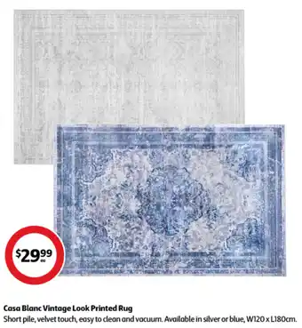Coles Casa Blanc Vintage Look Printed Rug Short pile, velvet touch, easy to clean and vacuum. Avail in silver or blue, W120xL180cm. offer