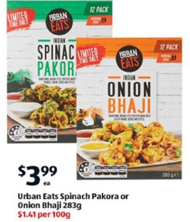 Urban Eats Spinach Pakora or Onion Bhaji 283g offer at ALDI