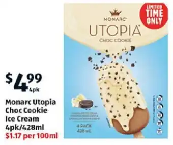 Monarc Utopia Choc Cookie Ice Cream 4pk/428ml