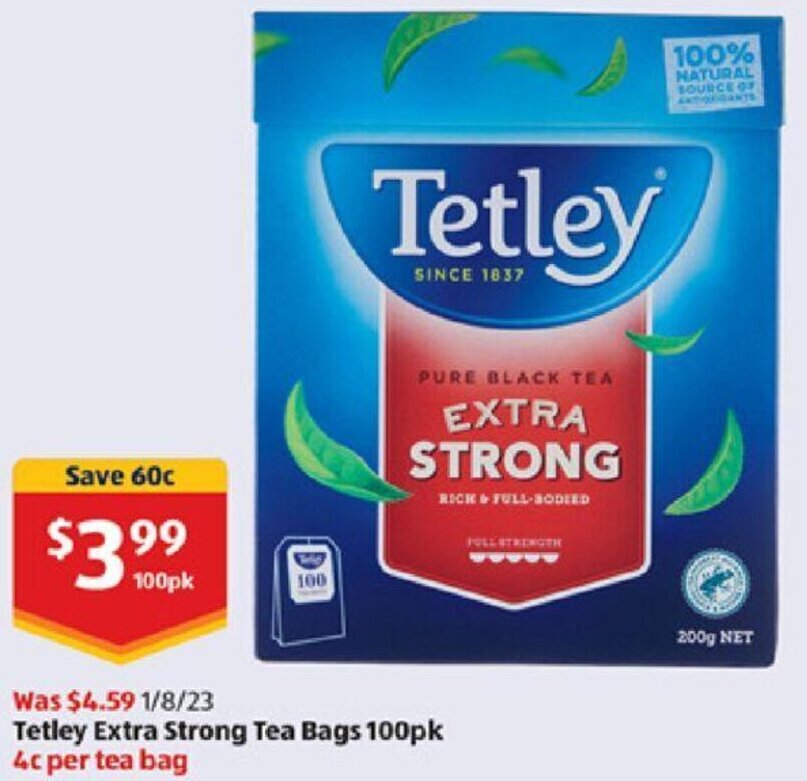 Tetley Extra Strong Tea Bags 100pk 4c per tea bag offer at ALDI