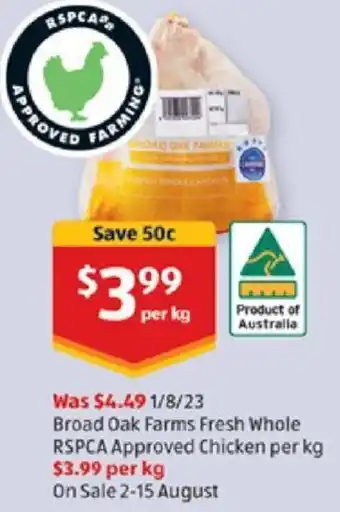 ALDI Broad Oak Farms Fresh Whole RSPCA Approved Chicken per kg offer
