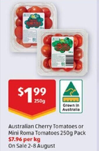ALDI Australian Cherry Tomatoes or Mini Roma Tomatoes 250g Pack offer