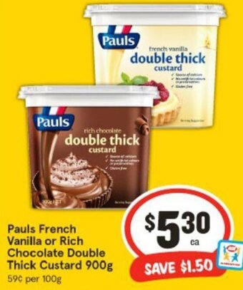 IGA Pauls French Vanilla or Rich Chocolate Double Thick Custard 900g offer