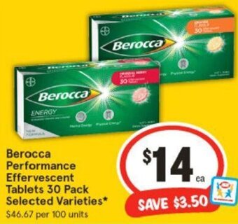 IGA Berocca Performance Effervescent Tablets 30 Pack Selected Varieties offer
