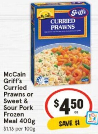 IGA McCain Griff's Curried Prawns or Sweet & Sour Pork Frozen Meal 400g offer