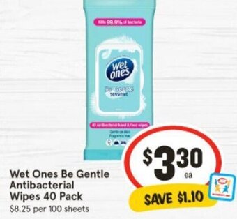 IGA Wet Ones Be Gentle Antibacterial Wipes 40 Pack offer
