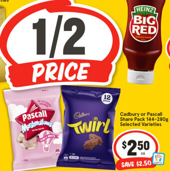 IGA Cadbury or Pascall Share Pack 144-280g Selected Varieties offer