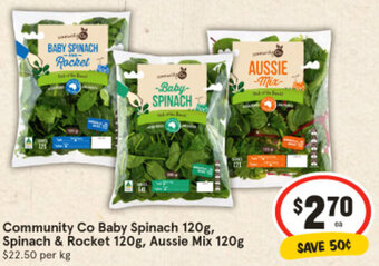 IGA Community Co Baby Spinach 120g, Spinach & Rocket 120g, Aussie Mix 120g offer