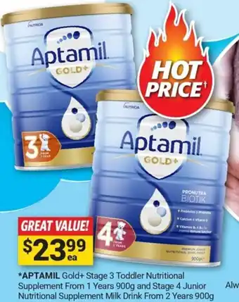 Cincotta Chemist *APTAMIL Gold+ Stage 3 Toddler Nutritional Supplement From 1 Years 900g and Stage 4 Junior 900g offer
