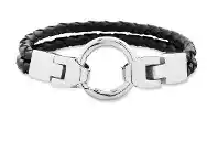 Stainless Steel Black Plait Leather Band Bracelet