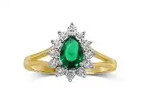Bevilles Jewellery Emerald Pear with Brilliant Miracle Surround Cluster Ring in 9ct Yellow Gold - N offer