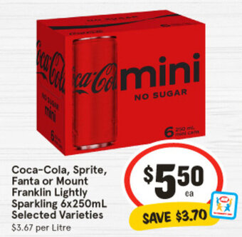 IGA Coca-Cola, Sprite, Fanta or Mount Franklin Lightly Sparkling 6x250mL Selected Varieties offer