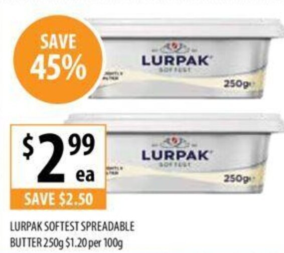 LURPAK SOFTEST SPREADABLE BUTTER 250g offer at Supabarn