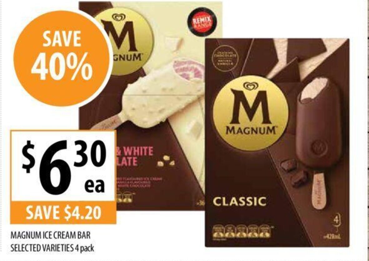 MAGNUM ICE CREAM BAR SELECTED VARIETIES 4 pack offer at Supabarn