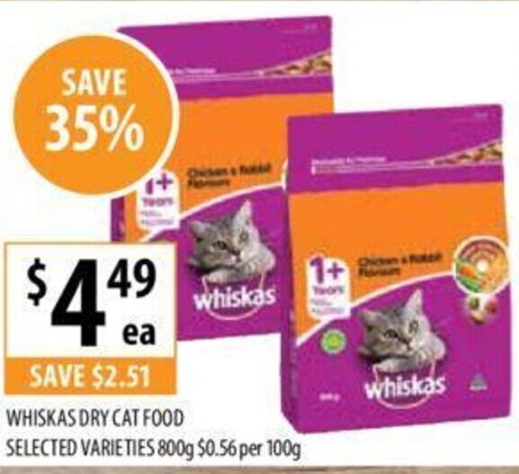 WHISKAS DRY CAT FOOD SELECTED VARIETIES 800g offer at Supabarn