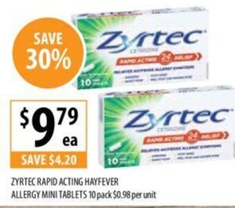 Supabarn ZYRTEC RAPID ACTING HAYFEVER ALLERGY MINI TABLETS 10 pack offer