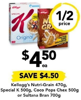 Drakes Kellogg's Nutri-Grain 470g, Special K 500g, Coco Pops Chex 500g or Sultana Bran 700g offer