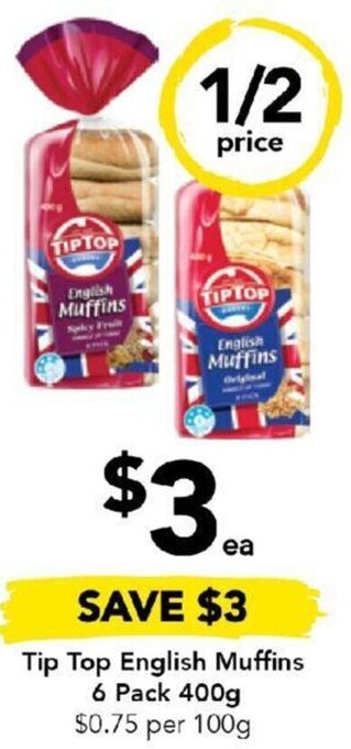 Drakes Tip Top English Muffins 6 Pack 400g offer