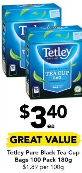 Drakes Tetley Pure Black Tea Cup Bags 100 Pack 180g offer