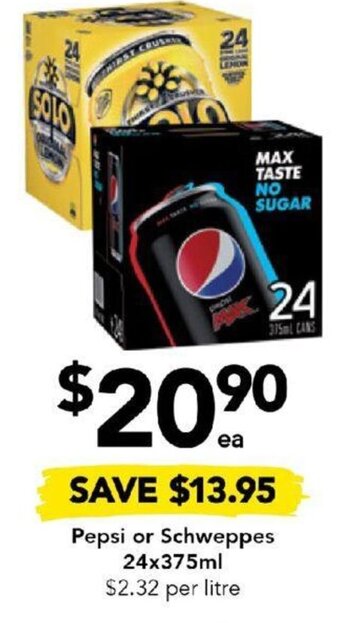 Drakes Pepsi or Schweppes 24x375ml offer