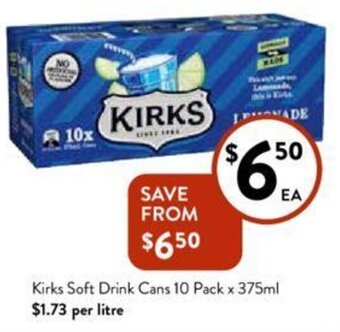 Foodworks Kirks Soft Drink Cans 10 Pack x 375ml offer