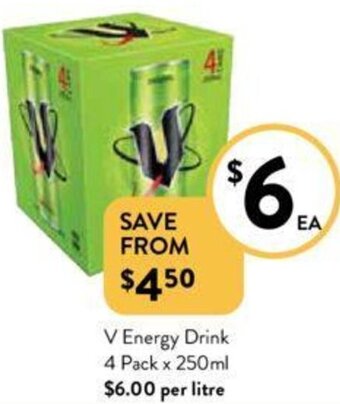 Foodworks V Energy Drink 4 Pack x 250ml offer