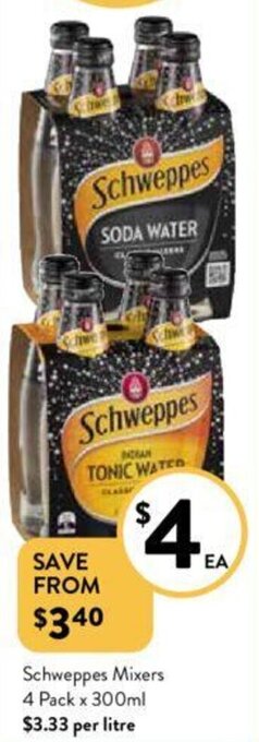 Foodworks Schweppes Mixers 4 Pack x 300ml offer